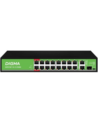 DSP216F-1G-1C-R300 (L2) 16х100Мбит/с 1х1Гбит/с 1хКомбо(1000BASE-T/SFP) 16PoE 16PoE+ 2PoE++ 300W. Коммутатор с питанием по PoE. Digma в Костроме