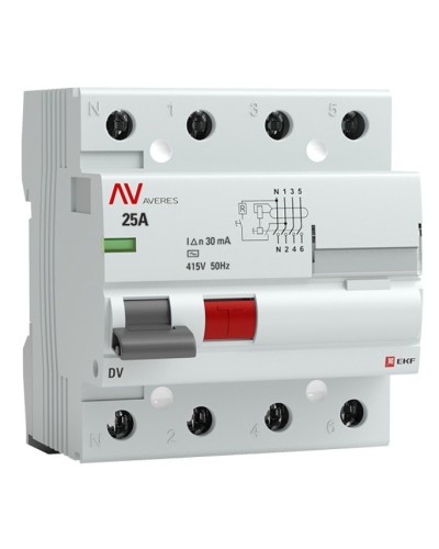 DV 4P 25А/ 30мА (AC)  AVERES (rccb-4-25-30-ac-av). Выключатели дифференциального тока (УЗО). EKF в Костроме
