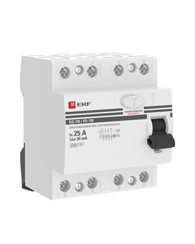 УЗО ВД-100 4P 25А 30мА тип AC эл-мех  PROxima (elcb-4-25-30-em-pro). Выключатель дифференциального тока (УЗО). EKF в Костроме