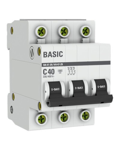 Автоматический выключатель 3P 40А (C) 4,5кА ВА 47-29 Basic (mcb4729-3-40C). Автоматический выключатель. EKF в Костроме