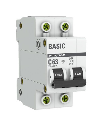 Автоматический выключатель 2P 63А (C) 4,5кА ВА 47-29 Basic (mcb4729-2-63C). Автоматический выключатель. EKF в Костроме