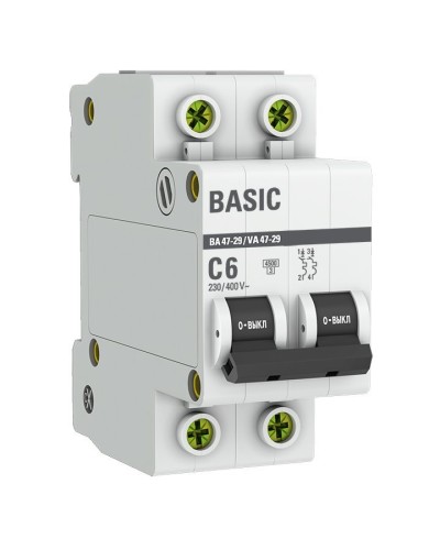 Автоматический выключатель 2P 6А (C) 4,5кА ВА 47-29 Basic (mcb4729-2-06C). Автоматический выключатель. EKF в Костроме