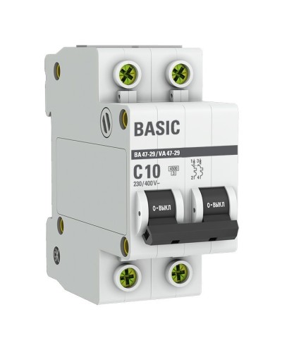 Автоматический выключатель 2P 10А (C) 4,5кА ВА 47-29 Basic (mcb4729-2-10C). Автоматический выключатель. EKF в Костроме
