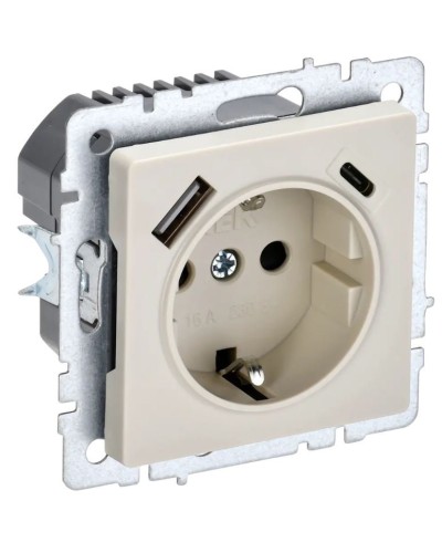 Розетка с з/к с USB A+C 18Вт РЮш11-1-БрКр бежевый BRITE (BR-R14-16-U22-018-K10). Розетка с заземлением с защитными шторками, 18Вт. IEK в Костроме