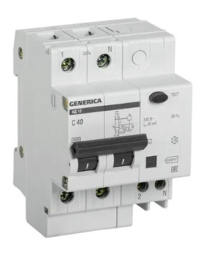 GENERICA АД12 2Р 40А 30мА (MAD15-2-040-C-030). Автоматический выключатель дифференциального тока. IEK в Костроме