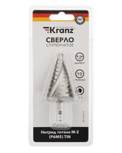 Сверло по металлу ступенчатое ТИТАН 9,0-36,0 мм 110 mm 65 HRC Р6М5 TiN Kranz (KR-12-6614): Сверло по металлу шлифованное в Костроме