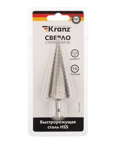 Сверло по металлу ступенчатое 4,0-32,0 мм 102 mm 62 HRC Kranz (KR-12-6603): Сверло по металлу шлифованное в Костроме