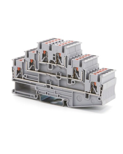 Клемма трехуровневая, зажим push-in, 2.5 кв.мм, серая (VPR-2.5-3L-GY). Клемма проходная, 6 точки подключения. ДКС в Костроме