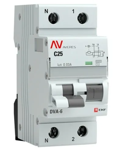 DVA-6 1P+N 25А (C) 30мА (AC) 6кА  AVERES (rcbo6-1pn-25C-30-ac-av). Автоматический выключатель дифференциального тока. EKF в Костроме
